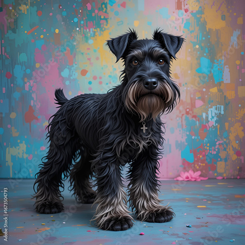 Adorable Cachorro de Schnauzer Gigante Negro y Plateado sobre Fondo Colorido, Generated image