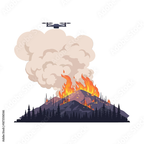Pixel Art of Forest Fire on Mountain Top with a Drone Monitoring the Fire Intensity and Smoke Plume in a Vector Style