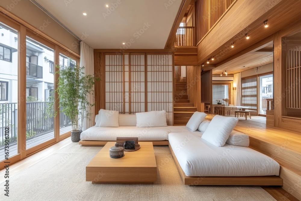 Fototapeta premium Japandi style interior design of modern living room with white sofa and wooden paneling wall, Generative AI
