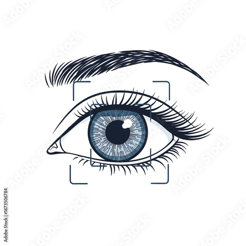 Detailed Blue Eye Iris Scan with Geometric Frame for Security and Identification on White Background