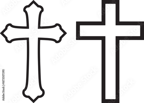 Two distinct christian cross silhouettes shown side by side isolated on white background
