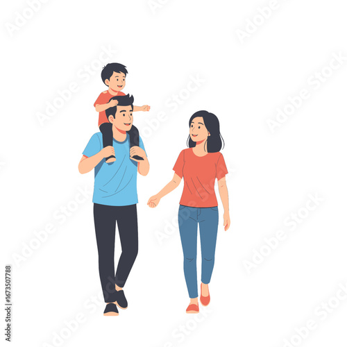 Illustration of a Happy Family Walking Together Man Carrying Son on Shoulders with Woman in Blue and Red on White Background