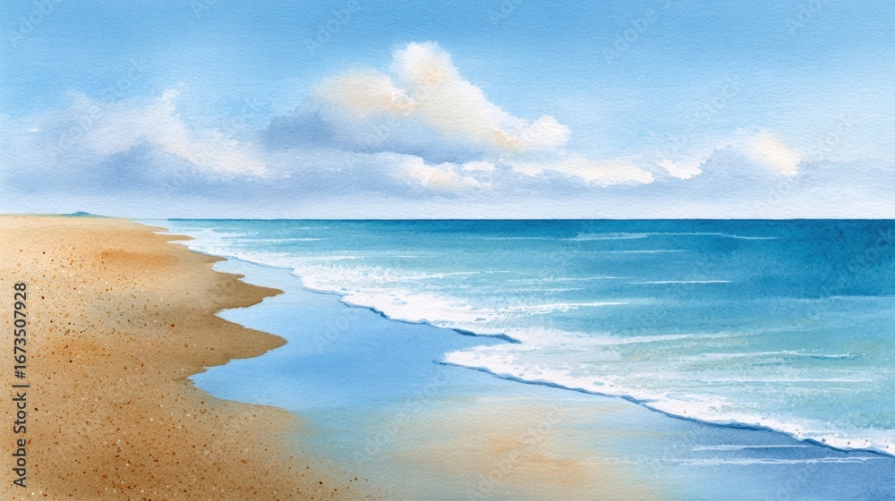 Fototapeta premium Beach background watercolor, A tranquil beach scene depicting soft waves lapping at the sandy shore under a bright blue sky with fluffy clouds.