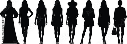 Silhouette Vector of Fashionable Women in Various Outfits and Elegant Poses, Female Models Standing Stylishly on White Background Illustration