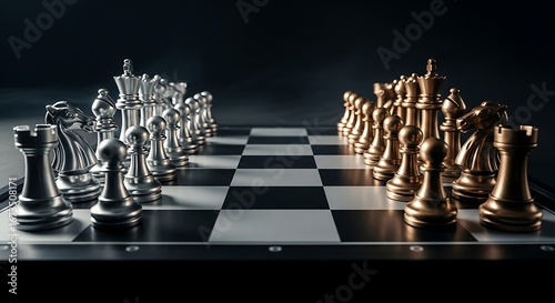 Strategic battle unfolds as silver and gold chess pieces face off on a classic board, symbolizing competition and intellect