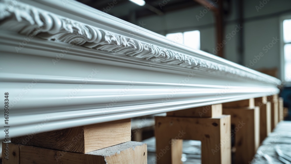 Obraz premium Close-up of ornate white molding or trim resting on wooden supports in a workshop or manufacturing facility.