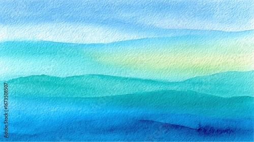 Beach background watercolor, A serene watercolor painting featuring layered blue and green hills under a soft, light sky, evoking calmness and tranquility.