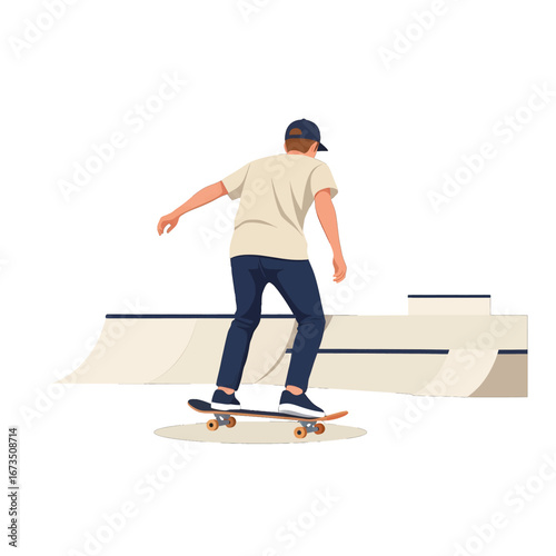 Skateboarder Riding Skateboard on Ramp with Beige T-shirt and Dark Blue Jeans against White Background in an Isolated Vector Illustration