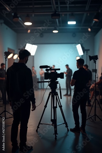 Film crew working with professional camera video production