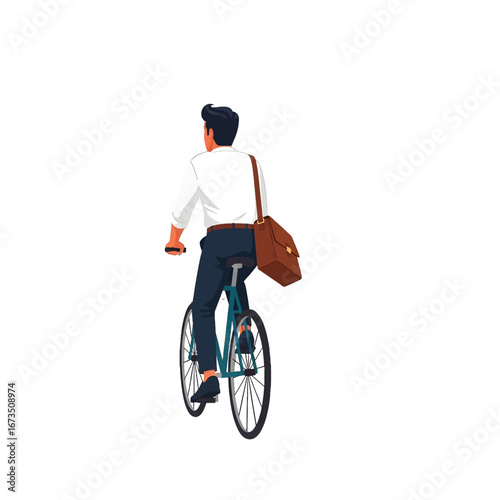 Pixel Art Back View of Man Riding Blue Bicycle with Shoulder Bag Isolated on White Background