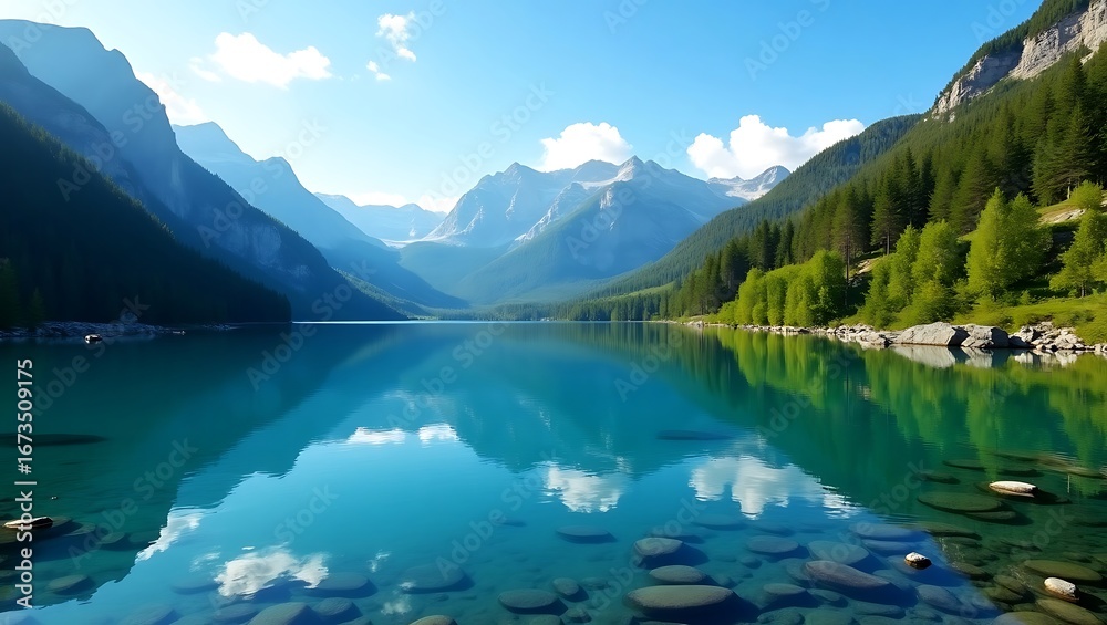 Fototapeta premium Serene mountain lake with clear water and reflections of peaks and forest