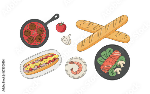 Big vector set of healthy food ingredients. Hand drawn sketches. Isolated objects