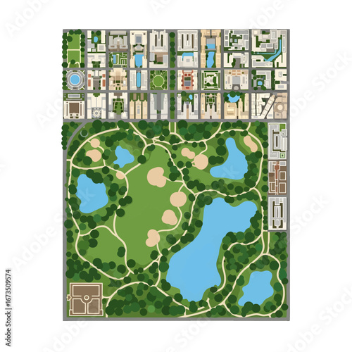 Detailed Aerial Map of Central Park and Upper Manhattan Featuring Green Spaces Blue Lakes and City Blocks in an Urban Setting