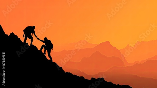 Silhouette Climbers Helping Each Other On Mountain Sunset
