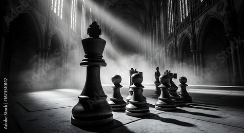 Dramatic monochrome scene of a chess king dominating the board, bathed in solemn light within an ancient, ornate cathedral, symbolizing profound strategy and intellectual conflict