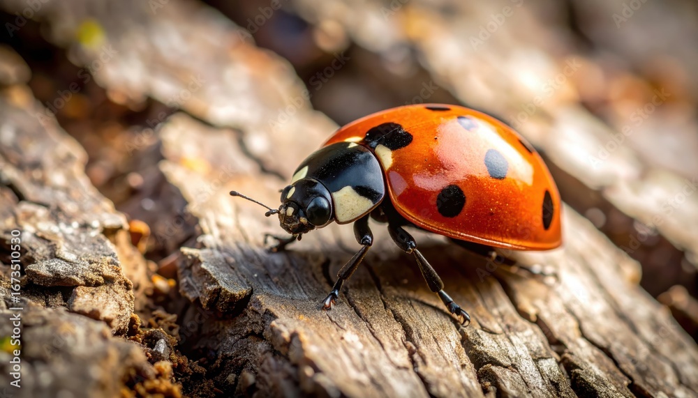 Fototapeta premium Close-Up View of a Vibrant Ladybug on Natural Wood Surface