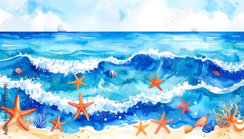 Vibrant watercolor seascape; waves, starfish, and seashells on sandy shore