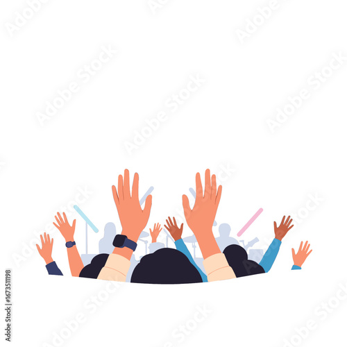 Diverse Crowd Raising Hands in Celebration Togetherness and Excitement in a Joyful Vector Illustration