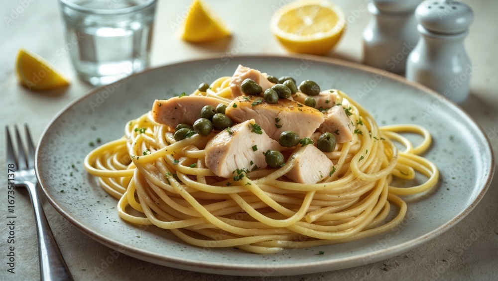 Plate of spaghetti with chicken, green peas, and herbs, served with lemon wedges and glass of water on a table. Plate of spaghetti with chicken, green peas, and herbs, served with lemon wedges and glass of water on a table.