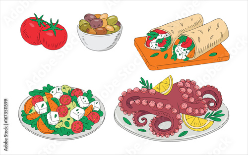 Big vector set of healthy food ingredients. Hand drawn sketches. Isolated objects
