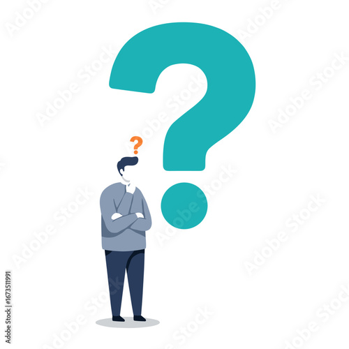 Man standing with arms crossed looking up at a large question mark representing confusion and uncertainty about the future, in a minimalist style.