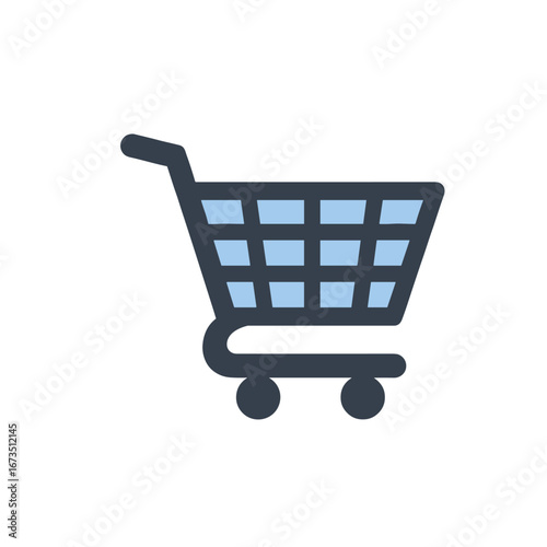 Shopping cart representing online retail sits isolated on white, symbolizing ecommerce and convenience for consumers, with a clean and modern aesthetic.
