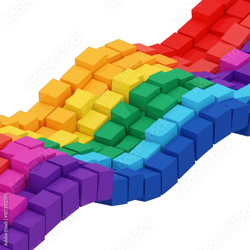 Wavy Rainbow Cubes Array in a 3D Abstract Illustration with Dynamic Geometric Arrangement and Vibrant Colors on White Background