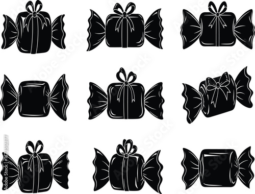 Black silhouette vector illustration of nine wrapped candies with unique ribbon styles, ideal for sweets, packaging, decoration, and festive designPrint