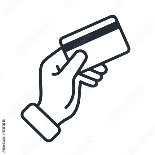 Hand holding credit card for payment in simple line art style, representing financial transaction and modern cashless economy.