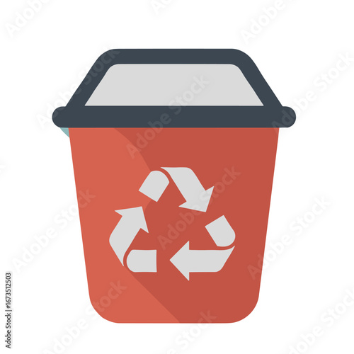 Red recycling bin displaying the recycling symbol sits against a white backdrop, symbolizing environmental awareness and responsible waste management.