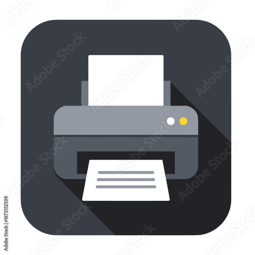 Printer outputs document on dark gray square with long shadow creating a modern and minimalist feel for office technology and efficiency.
