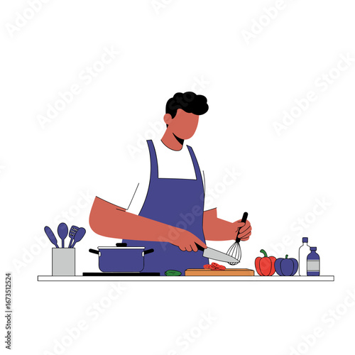 Man in apron preparing a meal in modern kitchen, chopping vegetables on cutting board with cooking utensils and ingredients around, creating a cozy and healthy atmosphere.