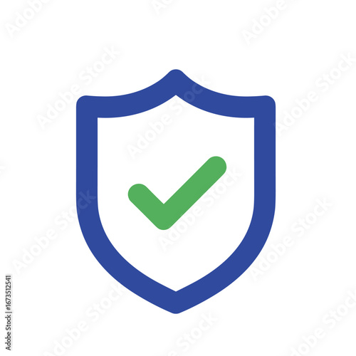 Blue shield displays green checkmark symbolizing security and verification on a clean white backdrop, conveying trust and protection.