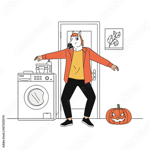 Man in Horse Mask with Pumpkin and Orange Jacket Celebrating Halloween Inside Room with Washer Machine in Minimalist Style