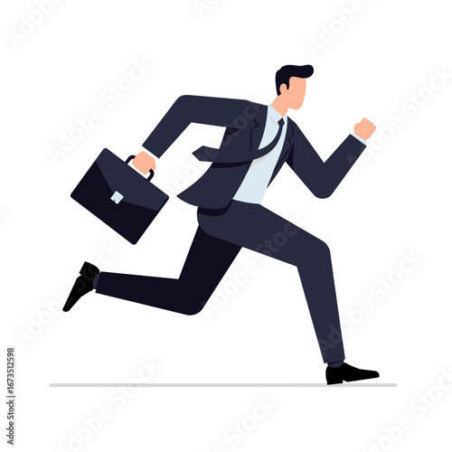 Businessman running quickly with briefcase to office during morning commute, symbolizing urgency and ambition in corporate world.