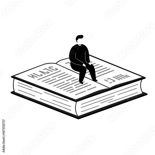 Man sitting on giant open book reading intently, surrounded by knowledge and wisdom, in a minimalist and thoughtprovoking style.