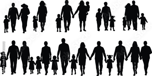 Silhouettes of happy families walking together, parents and children holding hands, outdoor family time, love, unity, teamwork, community vector illustration.