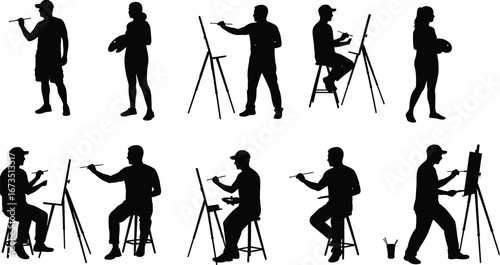 Silhouettes of Male and Female Artists Painting on Easels, Creative Art Process, Artistic Expression, Drawing, Painting, Studio Vector Illustration