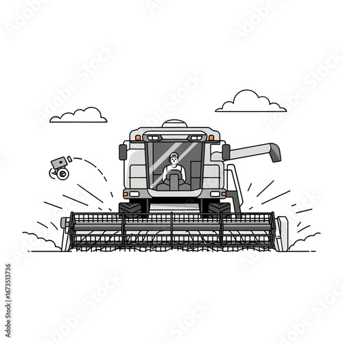 Gray Combine Harvester Harvesting Crops With Clouds in Background in a Minimalist Style Illustration