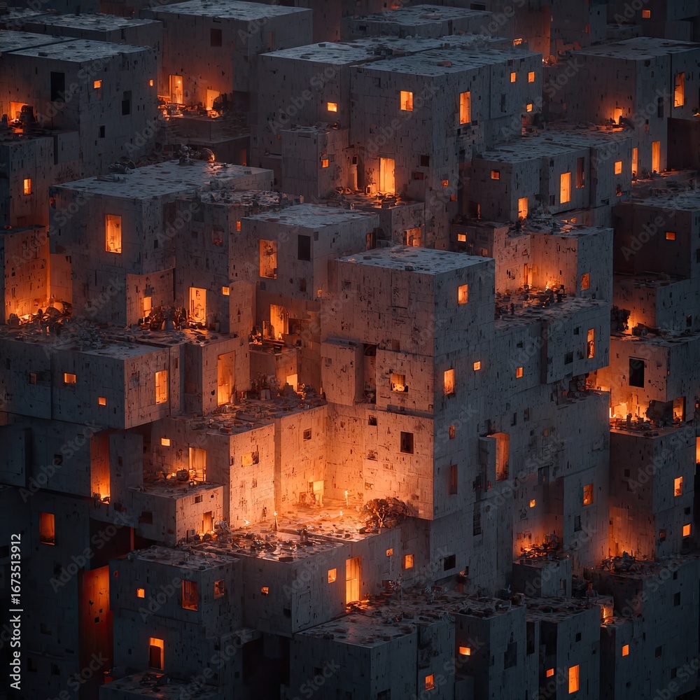 Fototapeta premium Cubist city lit by warm orange light