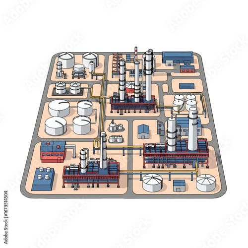 Isometric Oil Refinery Plant Complex with Tanks and Pipelines for Energy Production on a Sandy Brown Lot