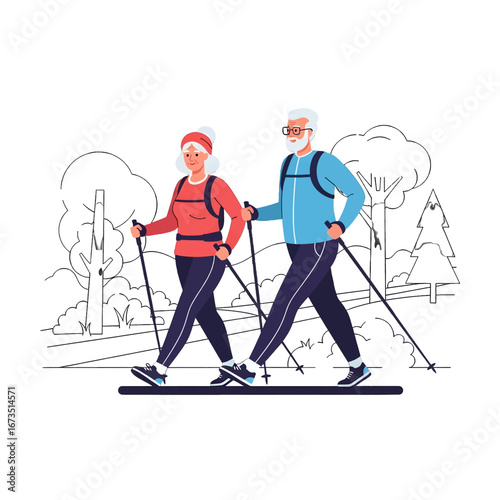 Elderly Couple Nordic Walking Together in a Park with Red and Blue Jackets Demonstrating an Active Lifestyle and Healthy Habits on a White Background
