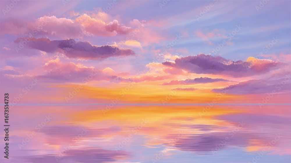 Fototapeta premium Beach background watercolor, A serene sunset scene with vibrant colors reflecting on calm waters, creating a peaceful and picturesque atmosphere.