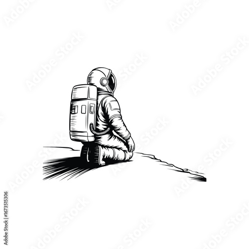 Astronaut Sitting and Drawing – Creative Space Line Art for Imaginative Concepts, Vector modern illustration
