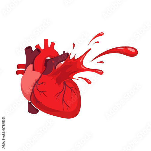 Detailed Red Human Heart with Flowing Blood on White Background Anatomical Depiction