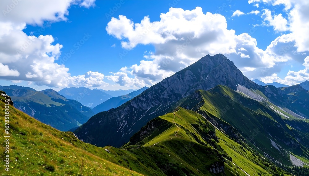 Fototapeta premium Majestic Mountain Peaks Under a Blue Sky with Fluffy Clouds.