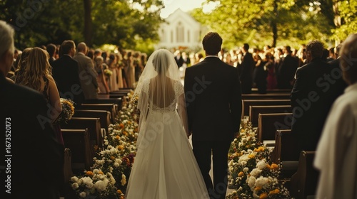 Couple walking down aisle at outdoor wedding ceremony