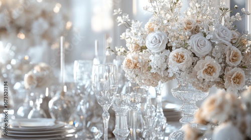 Elegant wedding reception table setting with elaborate flower arrangements