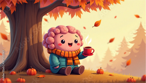 Сute character with curly hair enjoying hot drink under autumn tree with falling leaves