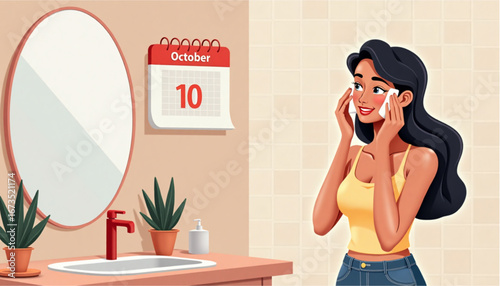 Woman applying skincare in bathroom with calendar showing October 10